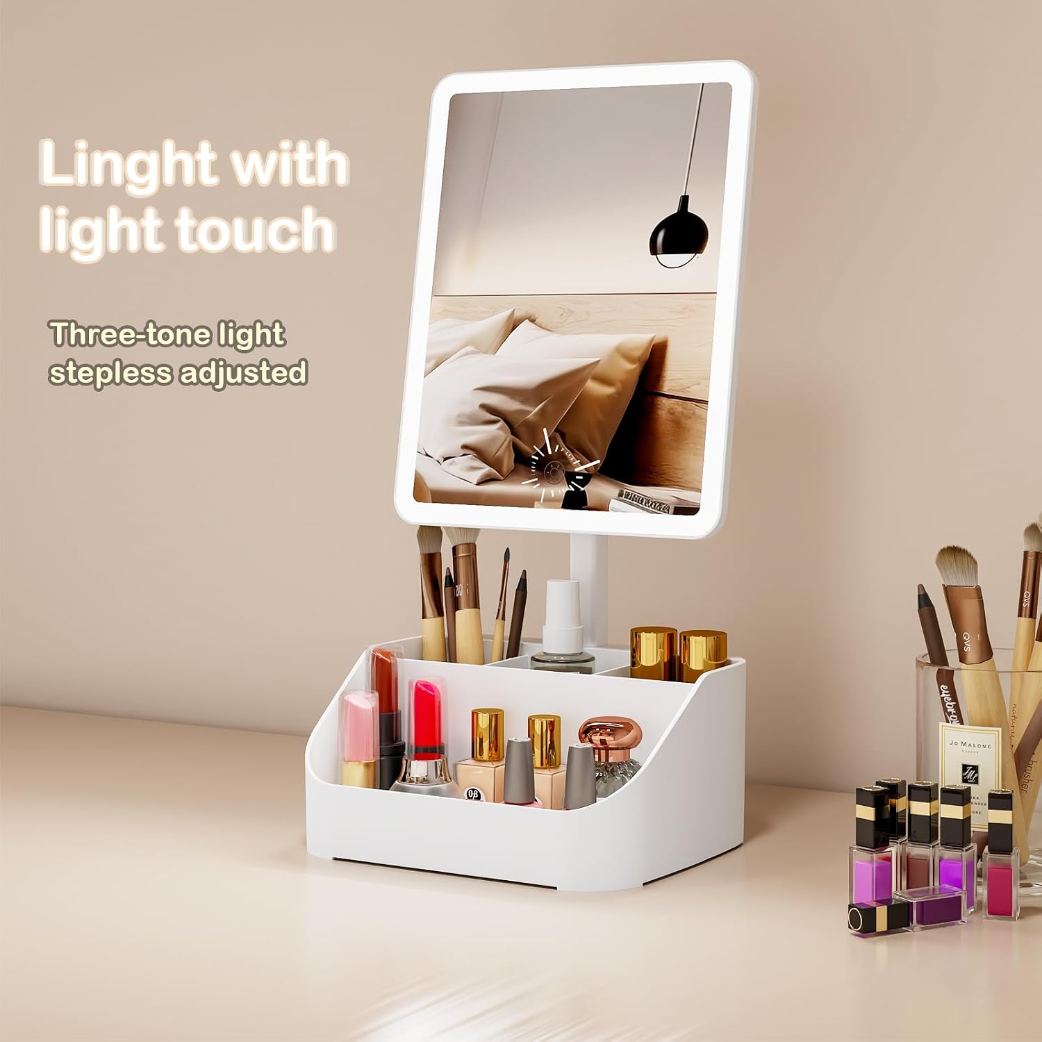 Rechargeable Makeup Mirror Organizer with LED Lights & 20X Magnification, Large Capacity Cosmetic Display Case for