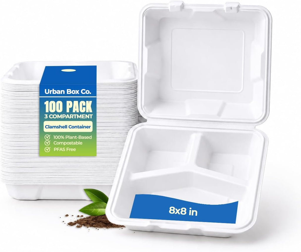 . 8x8'' Compostable 3-Compartment Takeout Containers,100 Pack, Eco-Friendly Biodegradable To Go Boxes, Heavy-Duty
