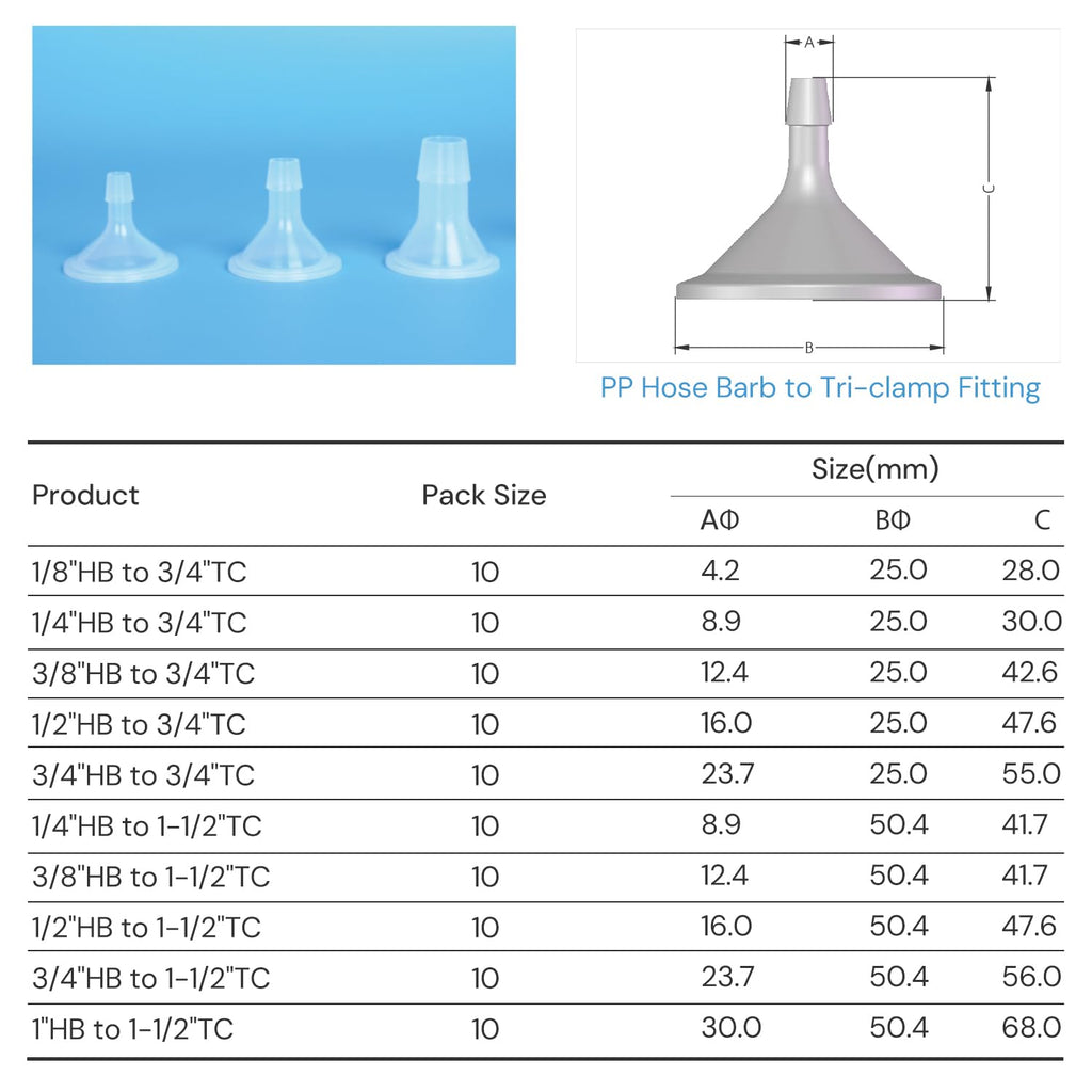 3/4" Tri Clamp to 3/8" Barb Fitting, Polypropylene (PP), 10 Pcs