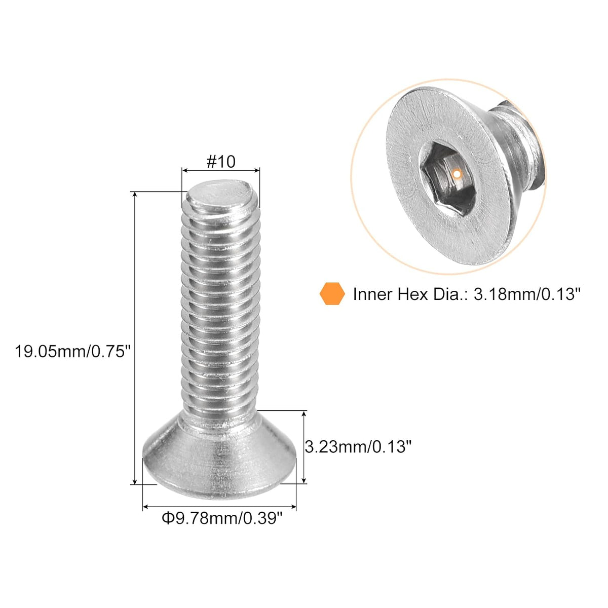 uxcell #10-32x3/4 Flat Countersunk Head Socket Cap Screws, 20Pcs 304 Stainless Steel Hex Socket Flat Head Screws, Full Thread, Countersunk Bolts