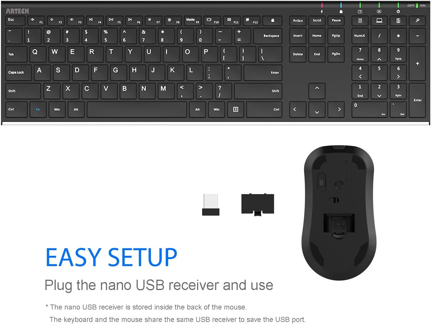 2.4G Wireless Keyboard and Mouse Combo Stainless Steel Ultra Slim Full Size Keyboard and Ergonomic Mice for Computer