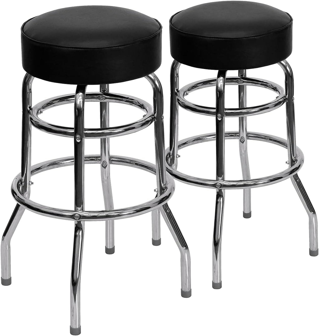 Double Ring Barstool with Padded Seat, Black, 2-Pack
