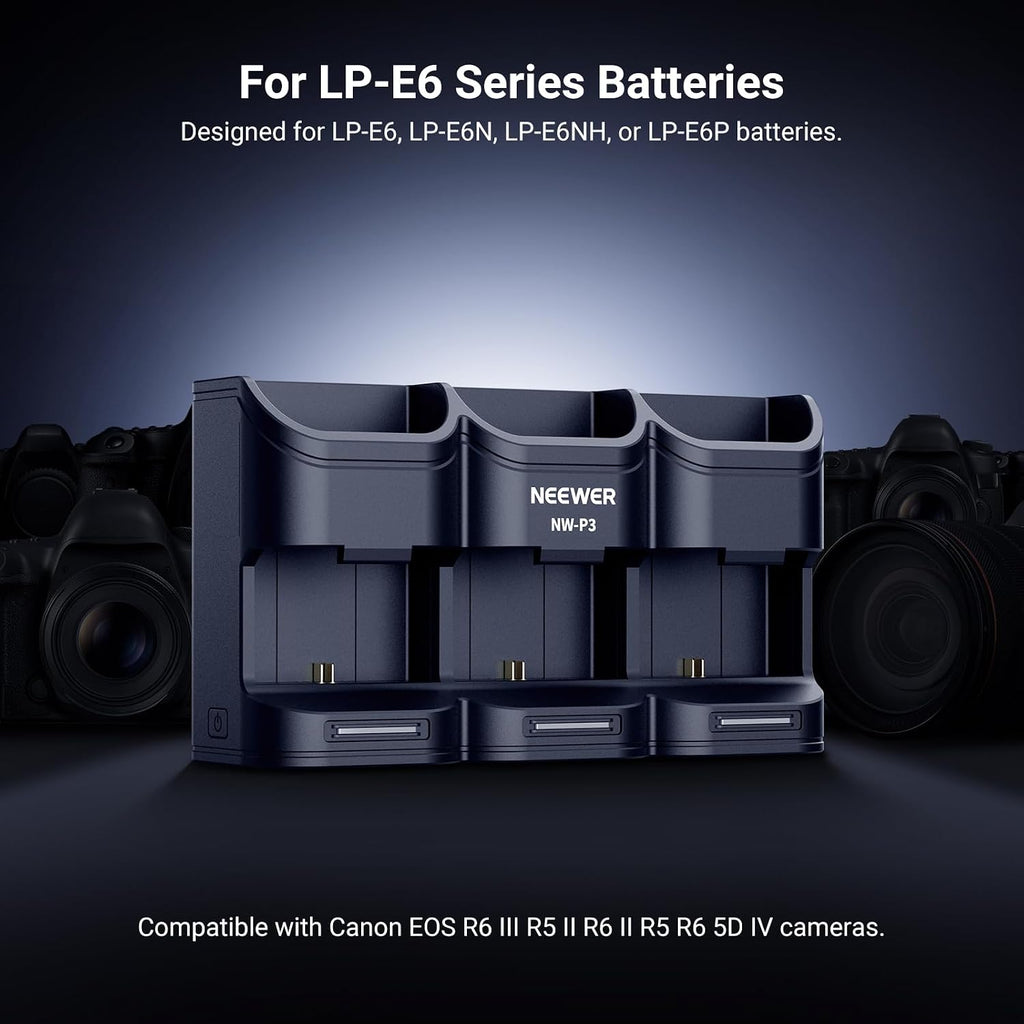 BASICS 3 Channel USB Camera Battery Charger for LP-E6 LP-E6N LP-E6NH LP-E6P, 36W PD Fast Charging Fully Charges 3
