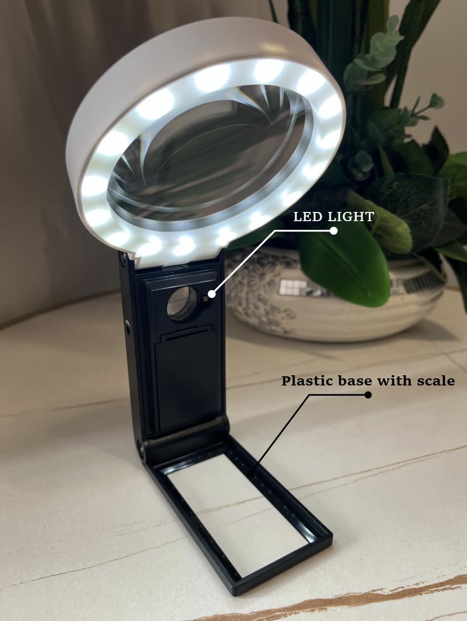 Handheld Magnifying Glass with LED Light with Stand, 10X and 25X Combined Magnification, Large Lens,Powered by