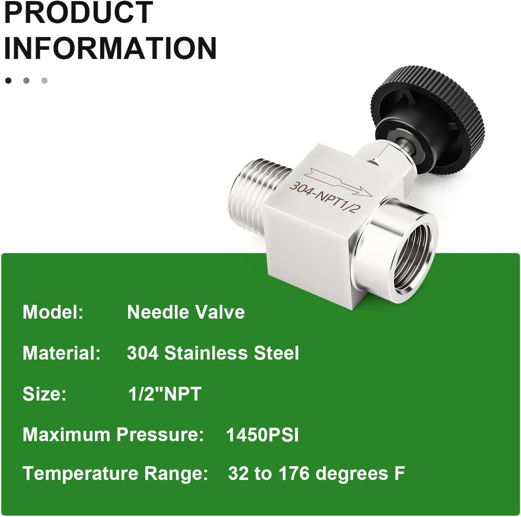 TAISHER 1PCS 304 Stainless Steel Straight Needle Valve 1/2" NPT Male x 1/2" NPT Female For Flow Control Water Gas Oil With Nipple