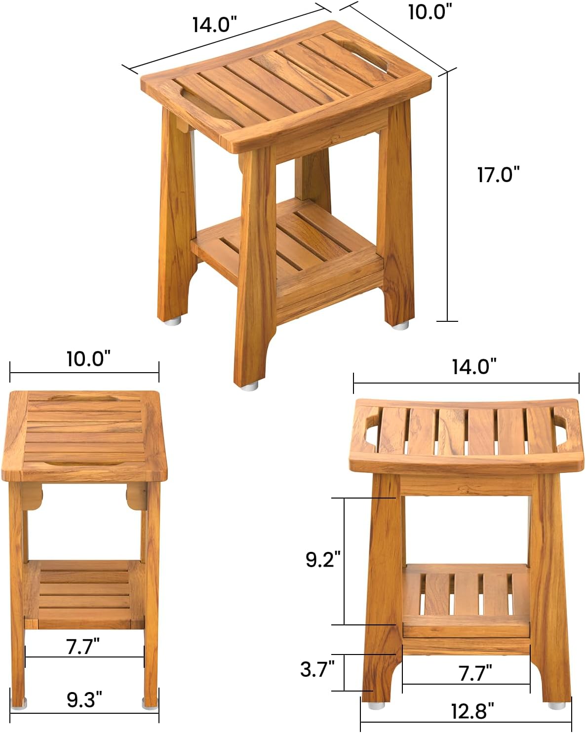 14" Compact Teak Shower Stool with Shelf & Handle - Waterproof, Non-Slip Bath Bench for Small Bathrooms/Tub/Outdoor