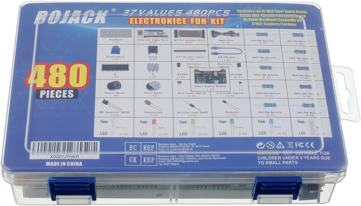 37 Values 480 Pcs Electronics Component Fun Kit with Power Supply Module, Jumper Wire,Precision Potentiometer,830