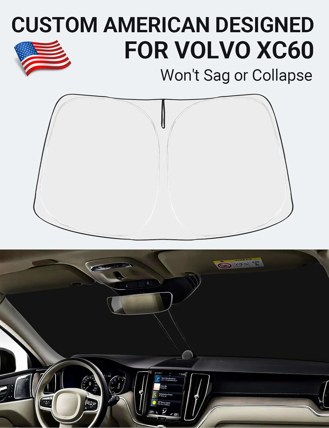 Windshield Sun Shade for Volvo XC60 SUV 2018-2024 2025 2026 Foldable Sunshade Protector Blocks UV Rays Keep Car