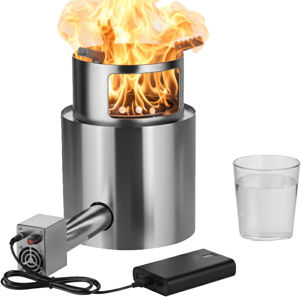 Forced Air Rocket Stove with USB Powered Adjustable Blower | Smokeless 304 Stainless Steel Wood Burning Camping Stove