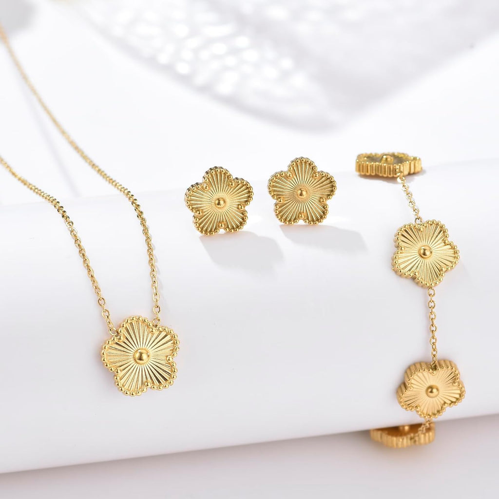Clover Neckalce Earring Set for Women 14K Gold Plated Stainless Steel Four Leaf Clover Jewelry Set