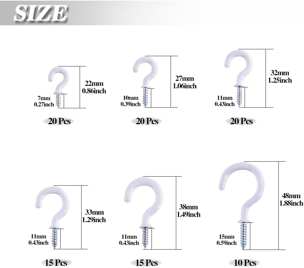 100Pcs White Cup Hooks Assortment Kit, Vinyl Coated Ceiling & Wall Hooks Holder for Home, Office & Workplace - 1/2"
