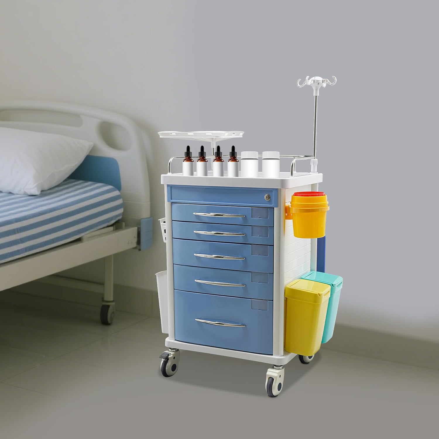 Rolling Crash Cart with Drawers & Adjustable IV Pole, Silent Casters, Needle Disposal Holder, Trash Bin, O2 Holder