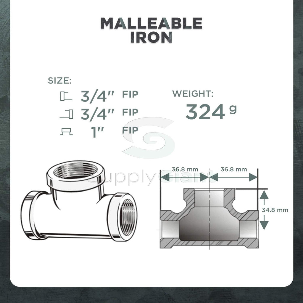 Supply Giant HNCU0560 Bull Head Galvanized Malleable Tee Fitting with Female Thread Connections