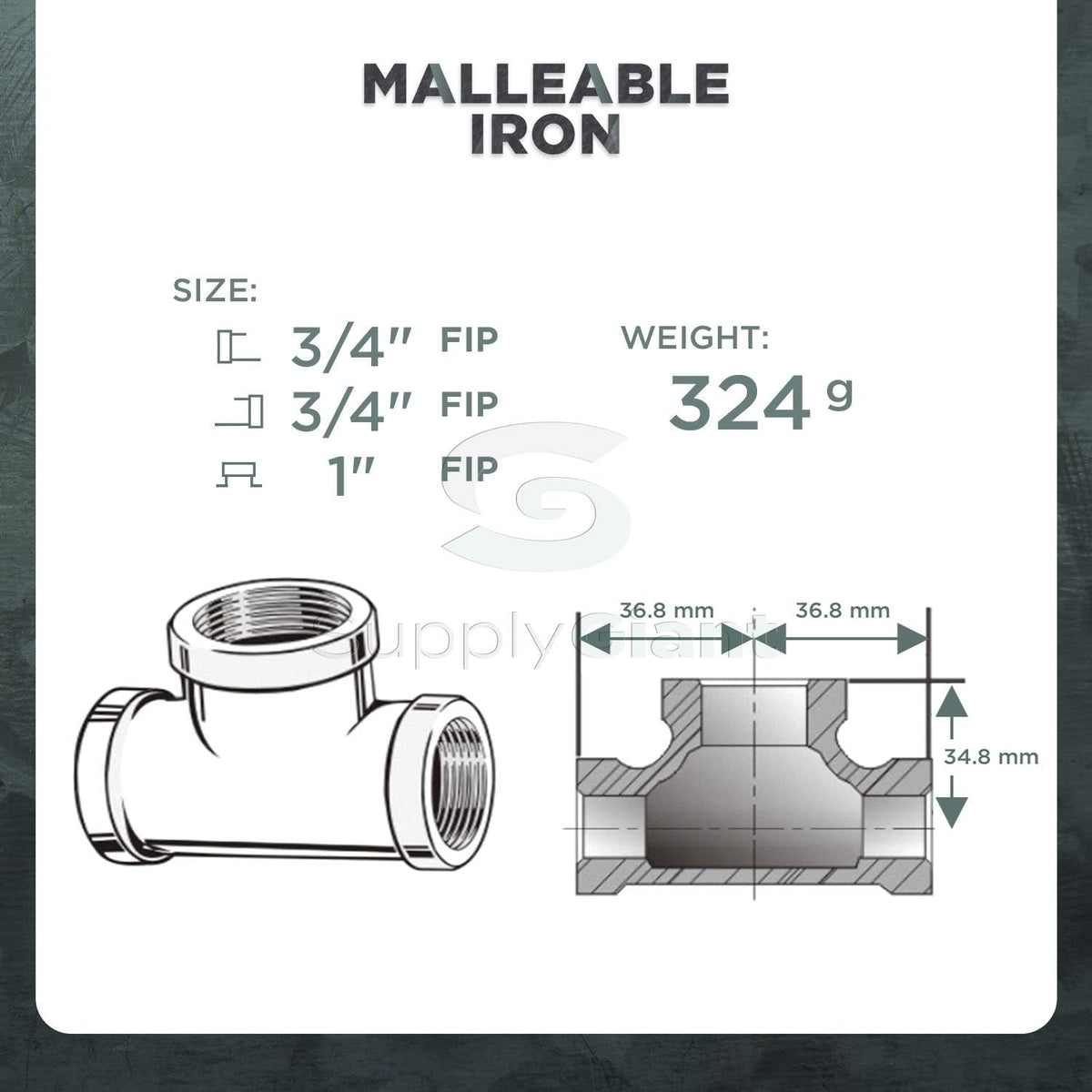Supply Giant HNCU0560 Bull Head Galvanized Malleable Tee Fitting with Female Thread Connections
