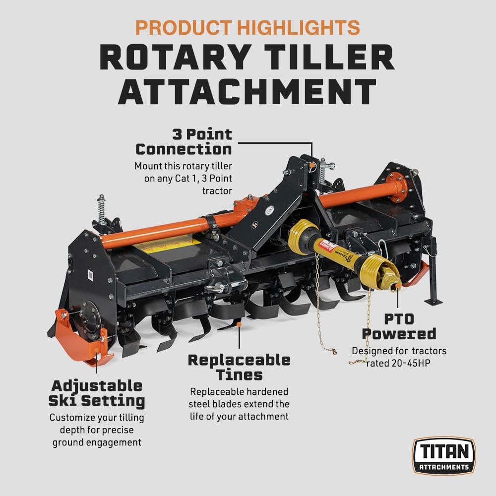 3 Point 60" Rotary Tiller Attachment Fits Cat 1 Tractors, Charcoal Finish, Single Speed PTO Driven Cultivator with a