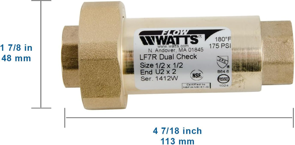Watts Lead-Free Brass Dual Check Valve Backflow Preventer 1/2" x 1/2"