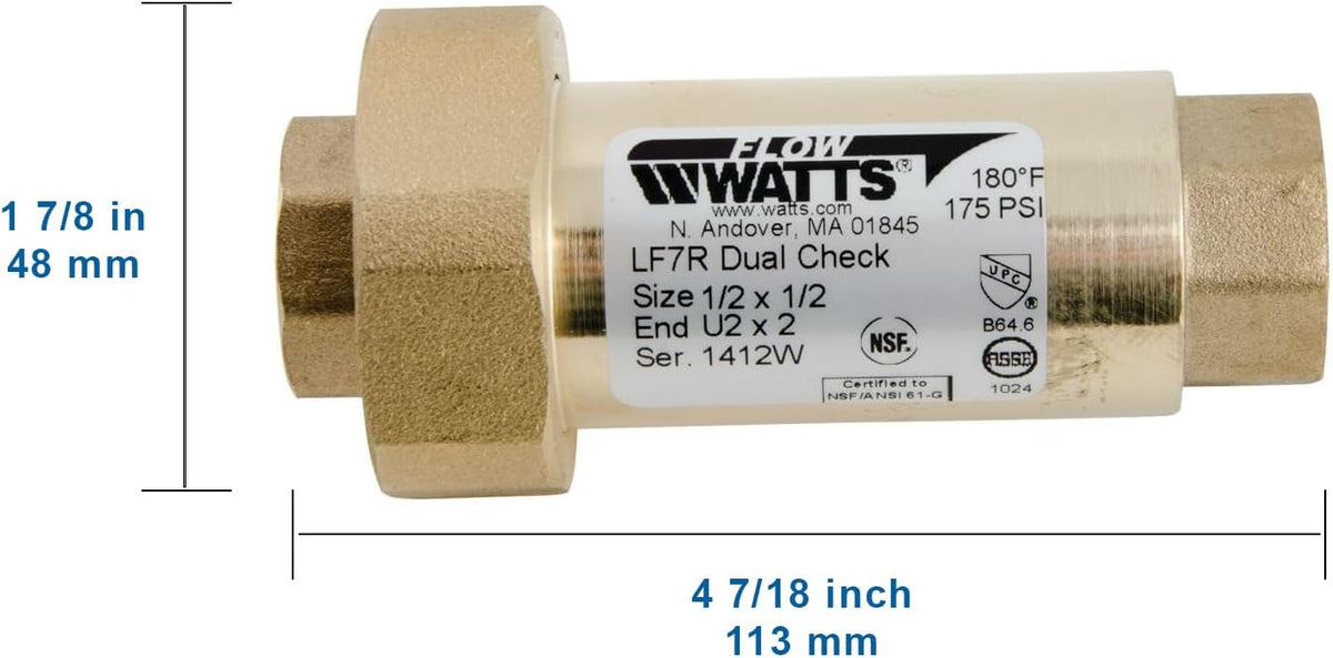Watts Lead-Free Brass Dual Check Valve Backflow Preventer 1/2" x 1/2"