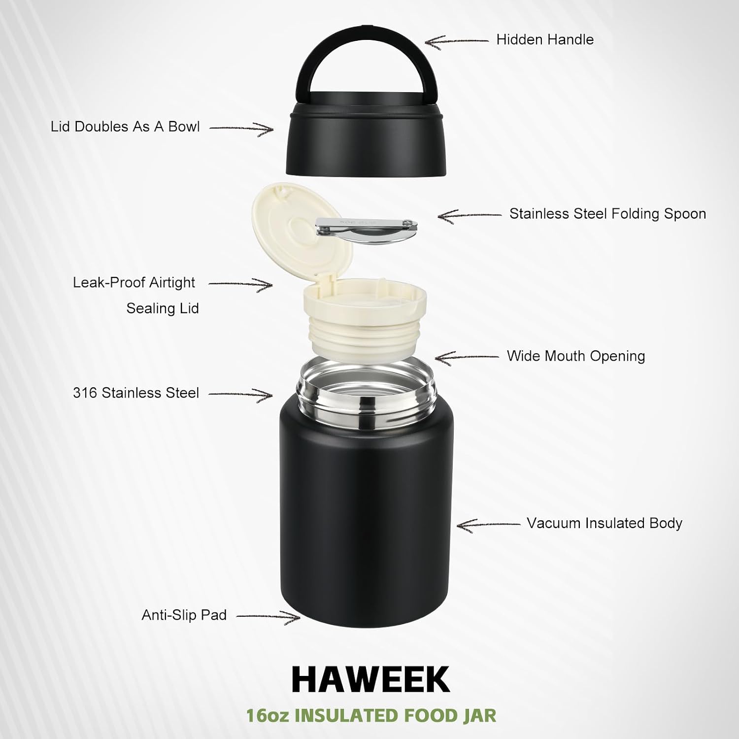 16oz Insulated Food Jar with Spoon, Stainless Steel, Black | insulated food jar, stainless steel, hot 12h cold 24h