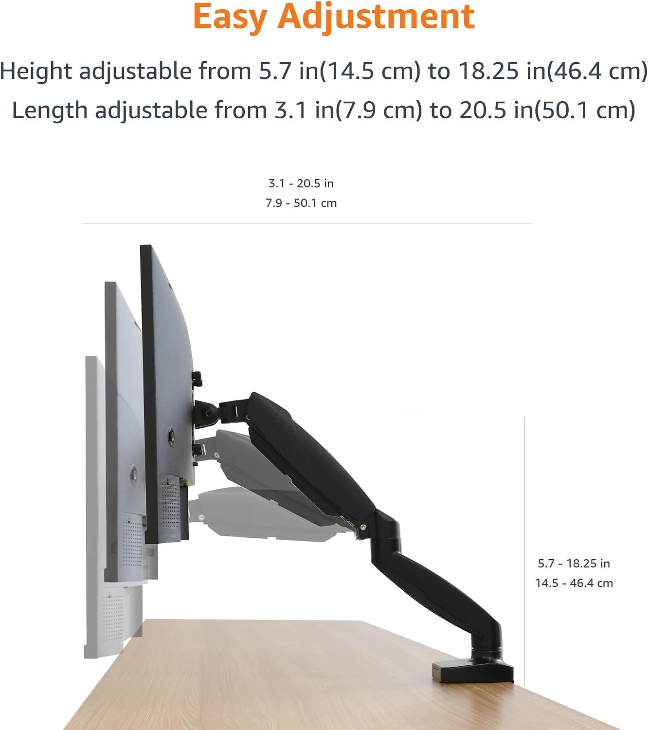 Gas Spring Single Monitor Arm Desk Mount, Adjustable Tension, Fits 15–27 Inch Monitors, Supports 4.4–15.4 lbs, VESA