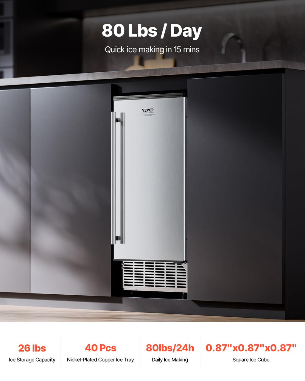 Undercounter Built-in Ice Maker, 80 Lbs/Day Under Counter Machine