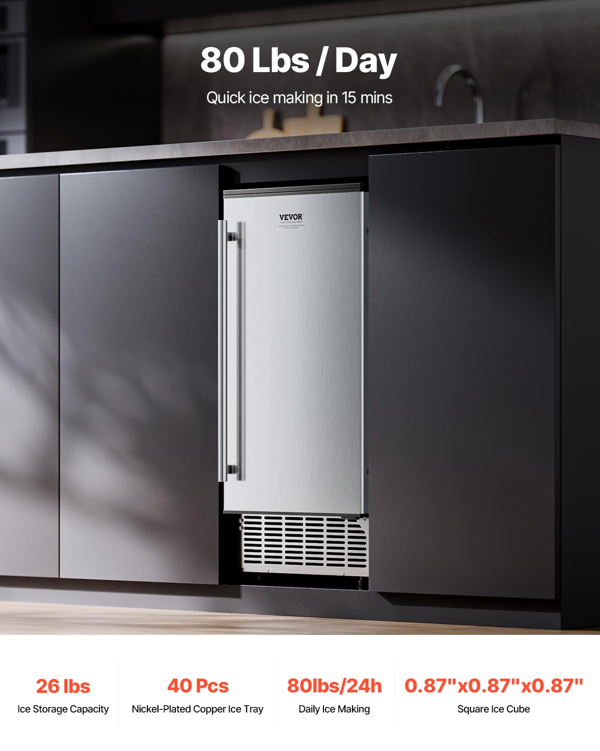 Undercounter Built-in Ice Maker, 80 Lbs/Day Under Counter Machine