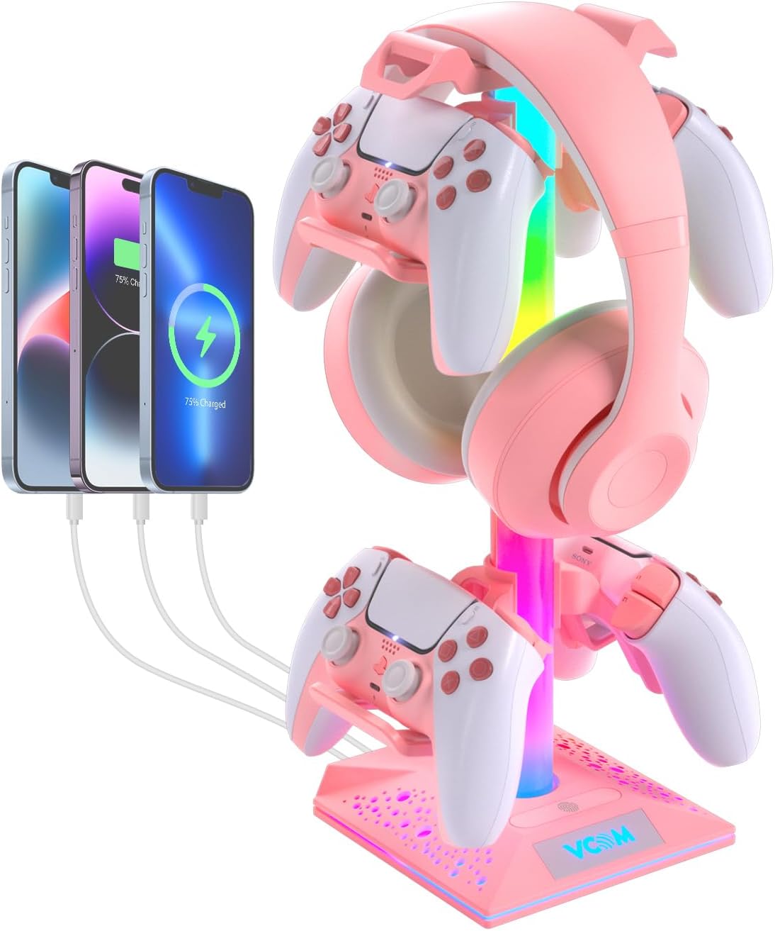 COM RGB Gaming Headphones Stand with 2 USB Ports, Pink Headset Stand with 10 Light Modes and Non-Slip Rubber