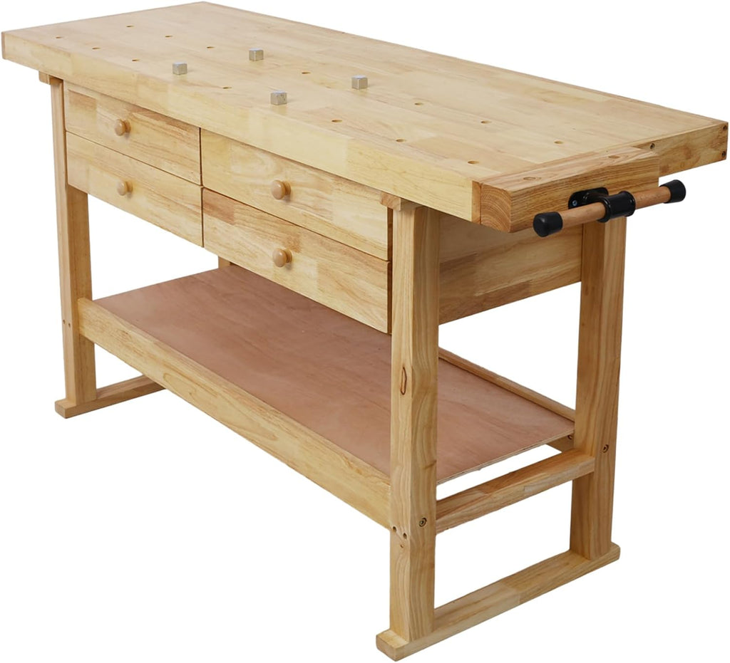 60-Inch Wood Workbench with 4 Drawer - 330lbs Weight Capacity Heavy Duty Portable Wood Work Bench Table for Garage