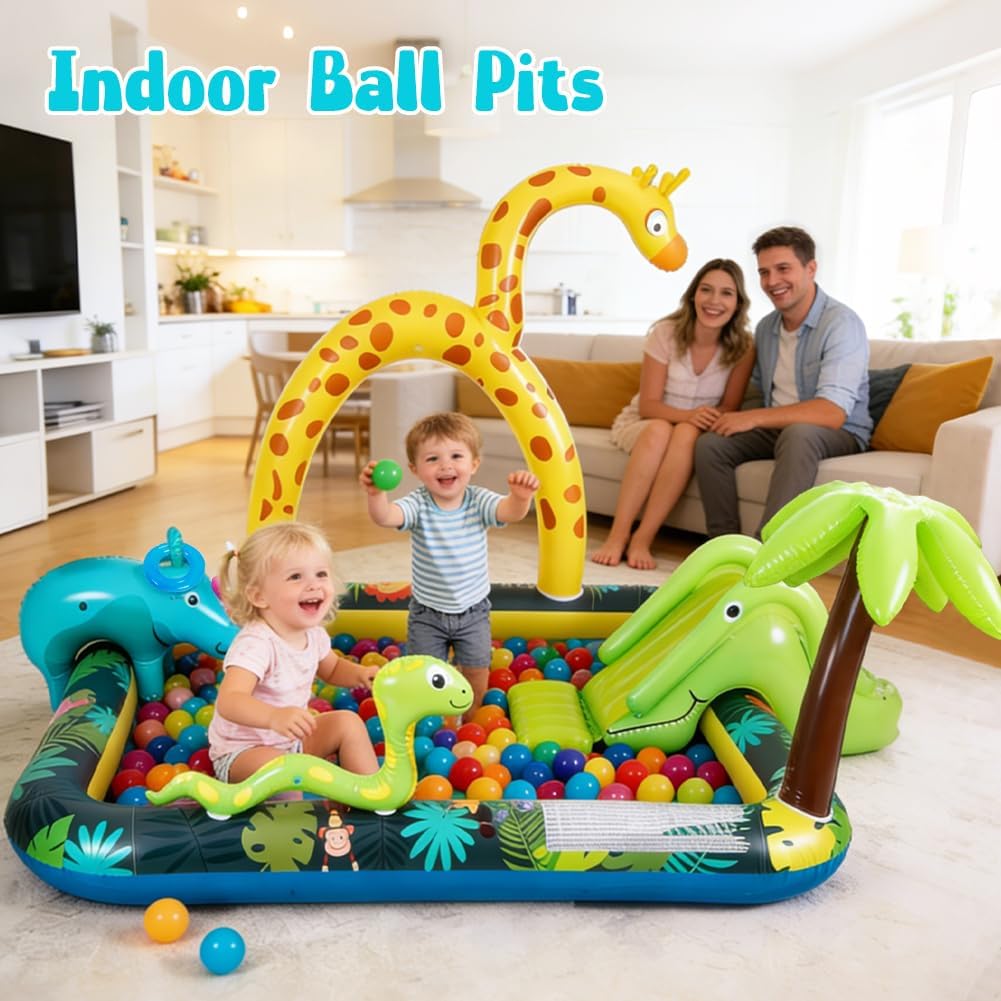 Inflatable Jungle Animal Play Center, Inflatable Water Park Kiddie Pool with Slide, Water Sprayer for Summer Outdoor
