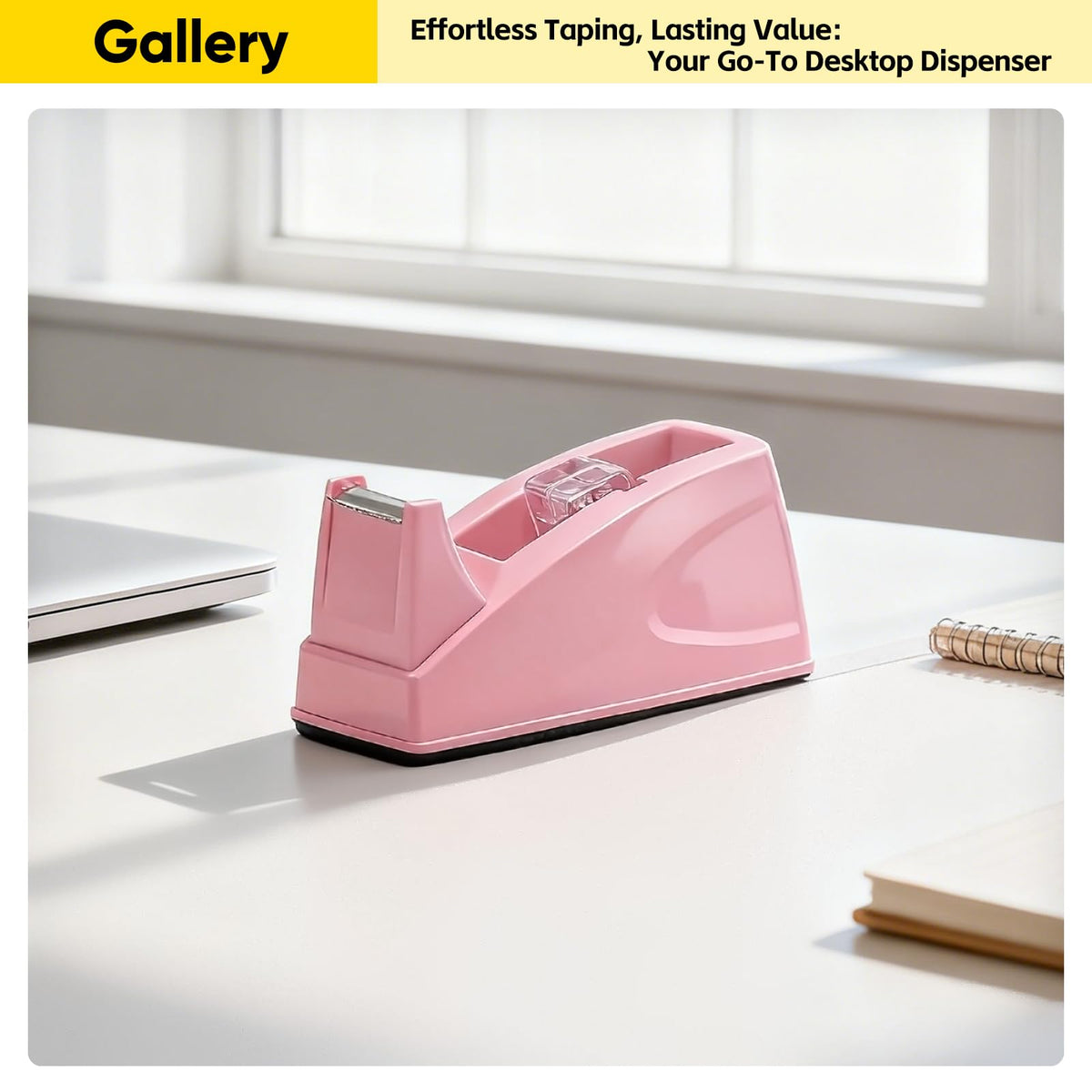 Compact Cute Office Desktop Tape Dispenser for Standard 3/4" Rolls, Pink
