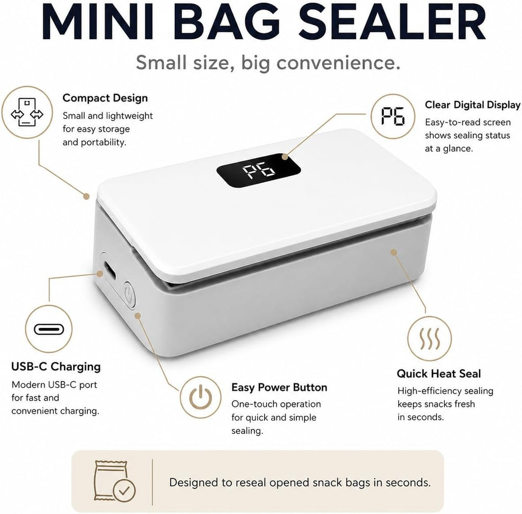 Mini Bag Sealer with Cutter, Rechargeable Heat Sealer, LED Display