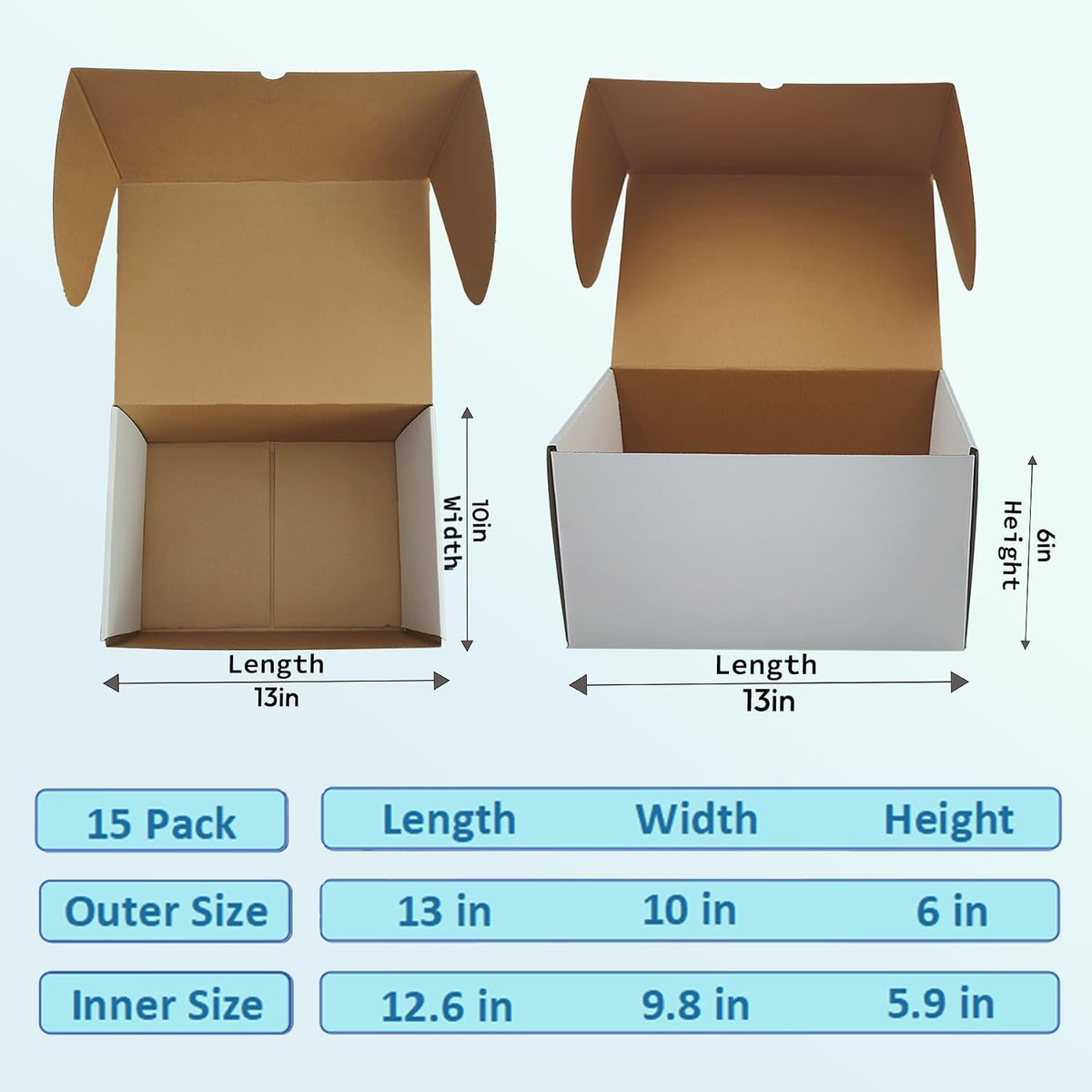 13x10x6 inch Shipping Box Set of 15, White Corrugated Cardboard Mailer Box