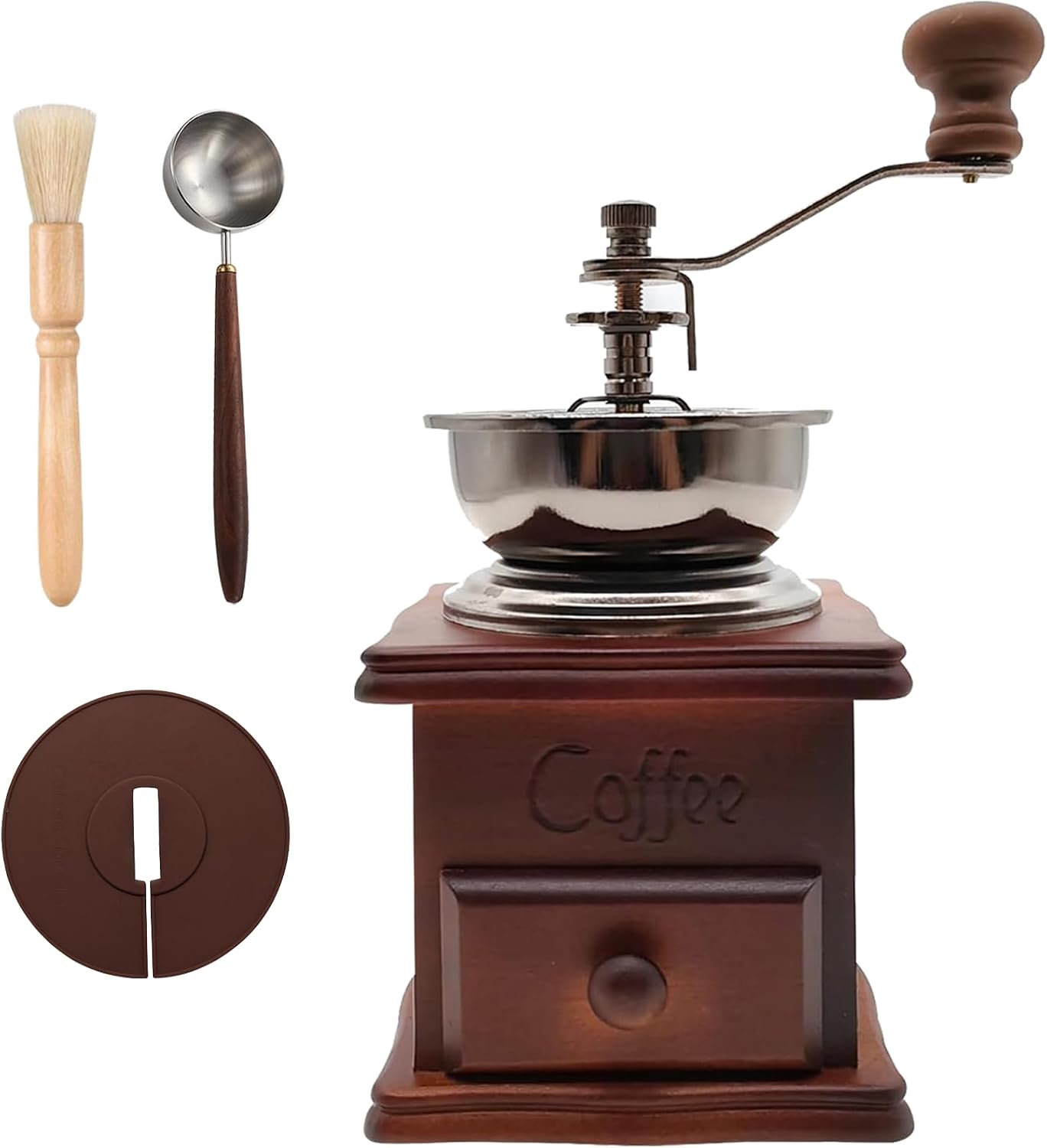 Retro style wooden handcrafted coffee grinder, ceramic hand-cranked crank, wooden handcrafted coffee grinder cleaning
