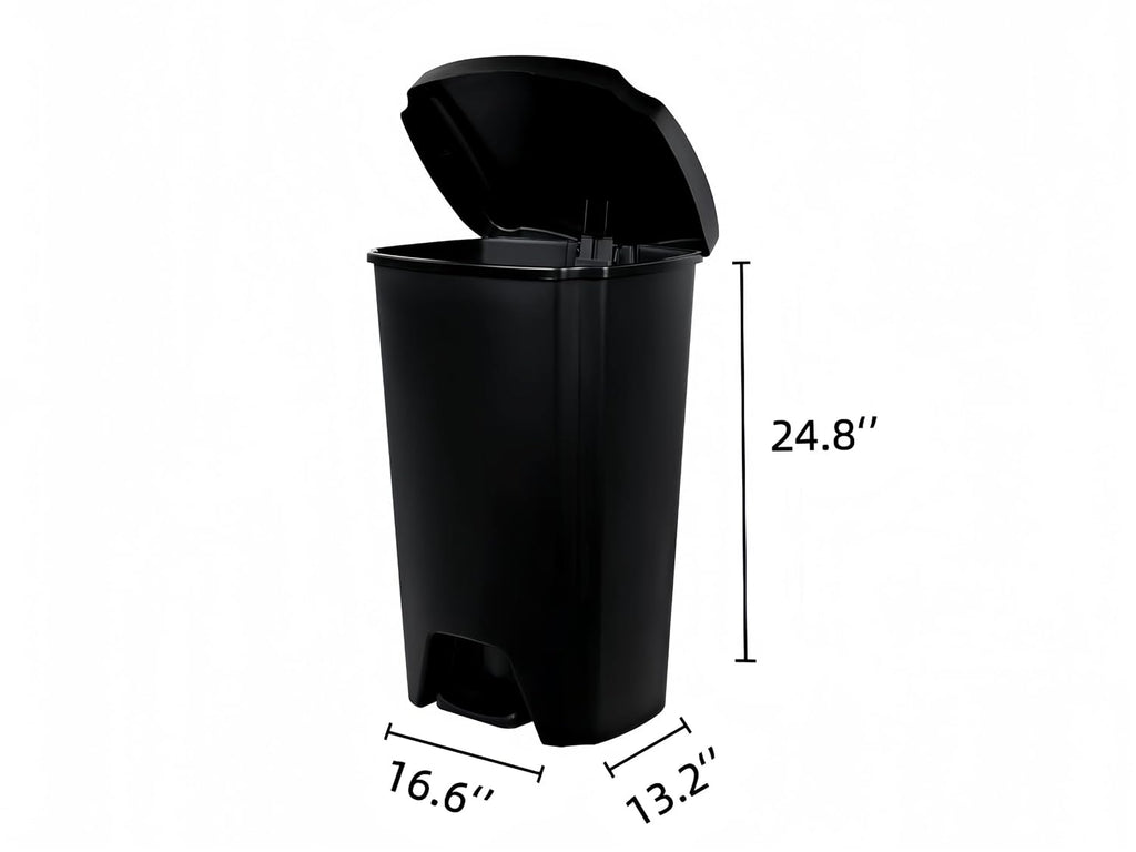 12.1 Gal Kitchen Trash Can 16.6"x13.2"x24.8" Black Step Bin w/Lid Pedal | Matte plastic, fingerprint-proof.