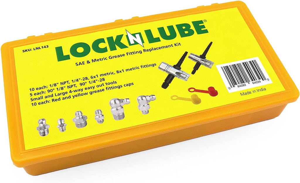 LockNLube Complete Grease Fitting Replacement Kit - SAE and metric Zerks, multi-tools, fitting caps