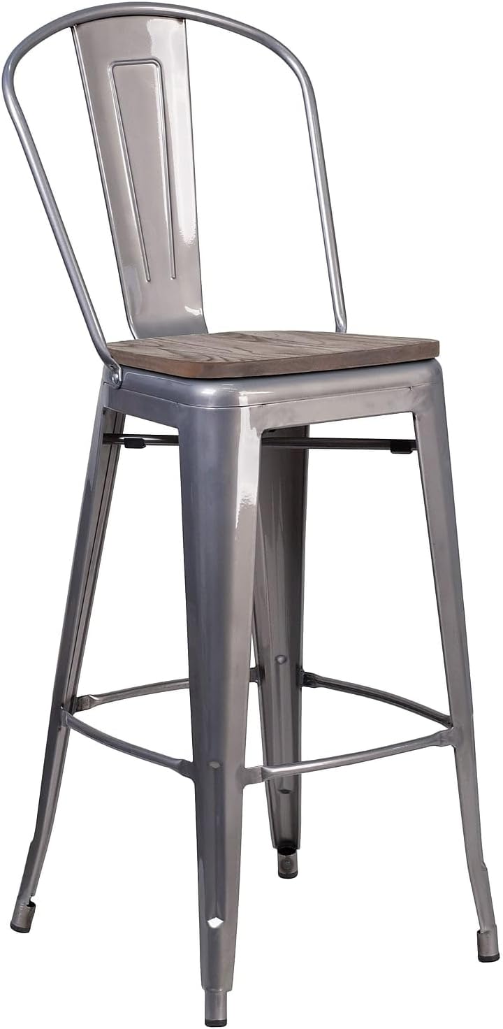 Commercial Grade 30" High Black Metal Indoor-Outdoor Barstool with Removable Back