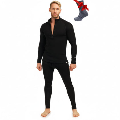 100% Merino Wool Base Layer Mens Set - Quarter Zip Thermal Set (M, 320 Black)