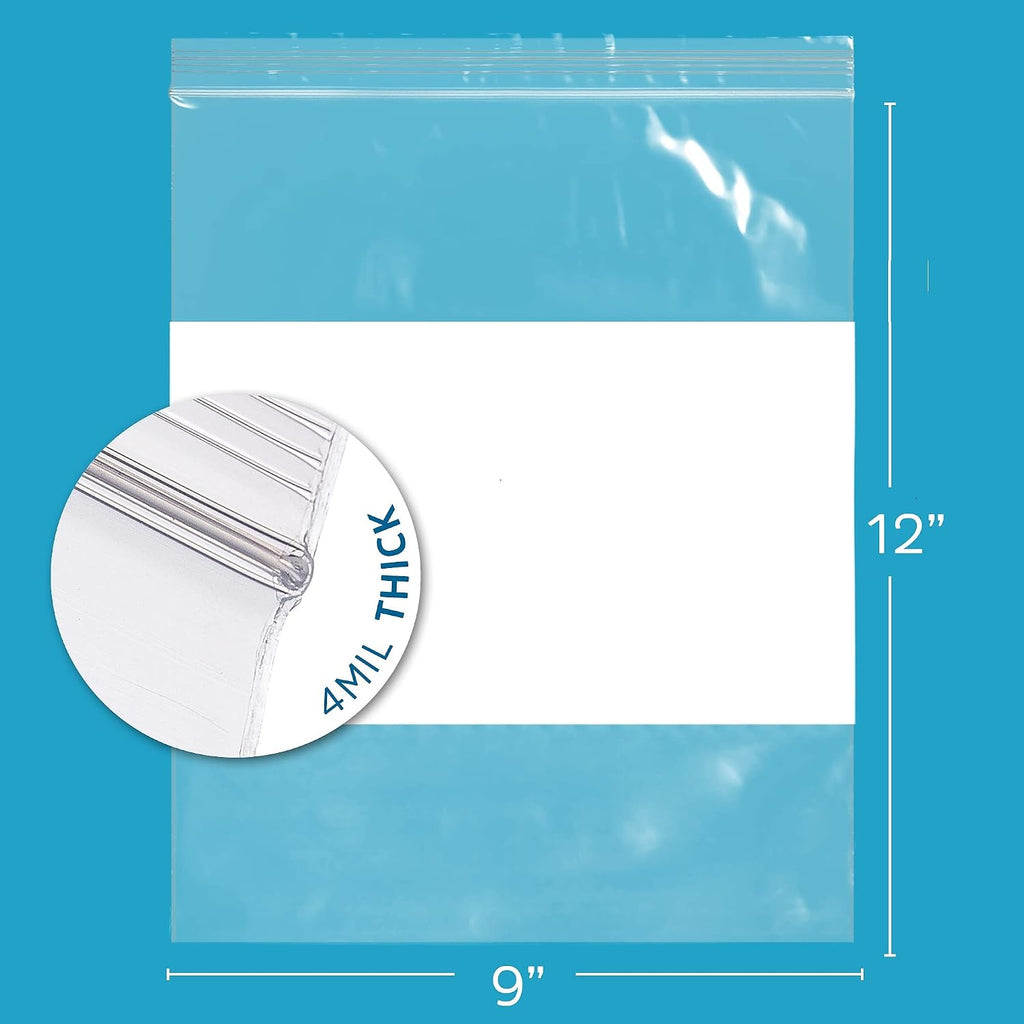 GPI - 9" x 12" - Bulk Case Of 1000, 4 Mil Thick, Heavy Duty, Clear Plastic Reclosable Zip Bags, With Write-on White