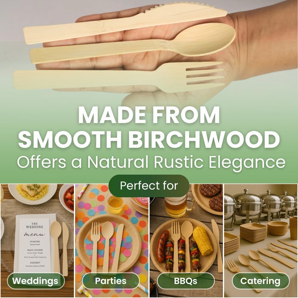 Wooden Cutlery Set (300 Pcs) | 100 Forks, Spoons & Knives Party Pack