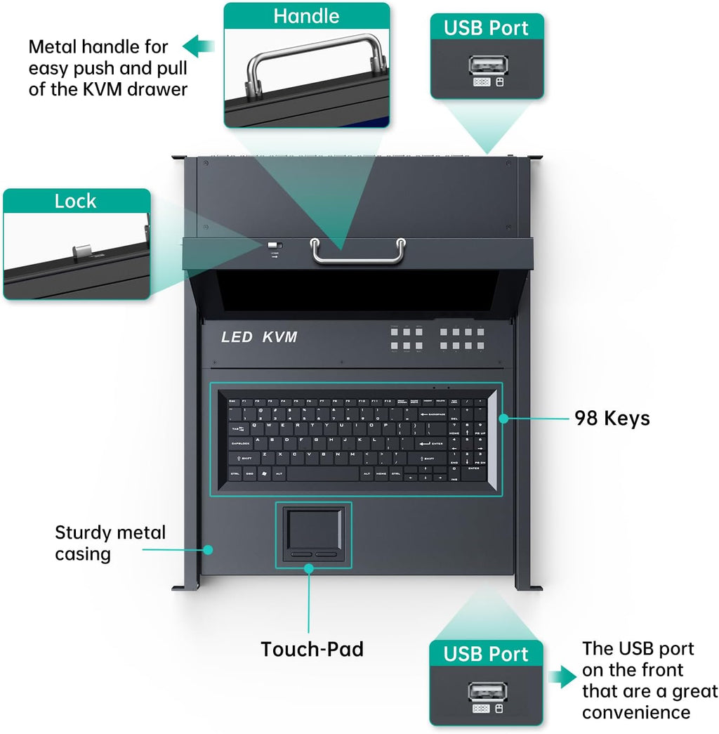 17'' Rack Mount KVM Switch VGA 8 Port, Rackmount Monitor KVM Fit 1U 19'' Rack, 600-800mm(23.6~31.8'') Depth