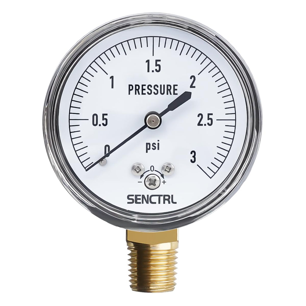 SENCTRL 0-3 Psi Low Pressure Gauge, 1/4" NPT Lower Mount