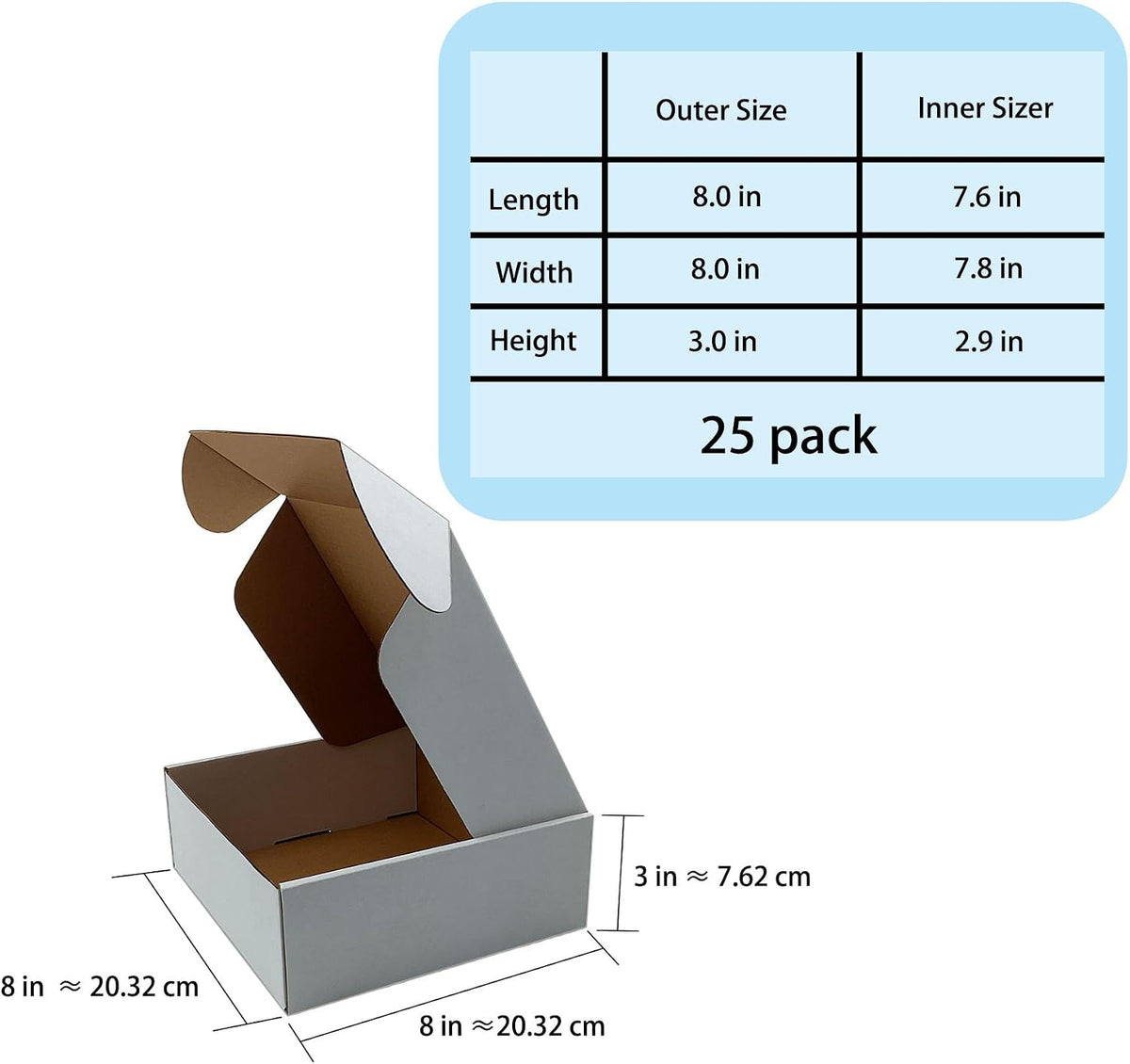 8x8x3 inch White Shipping Boxes 25Pack,Craft Gift Boxes,Bulk of Mailers