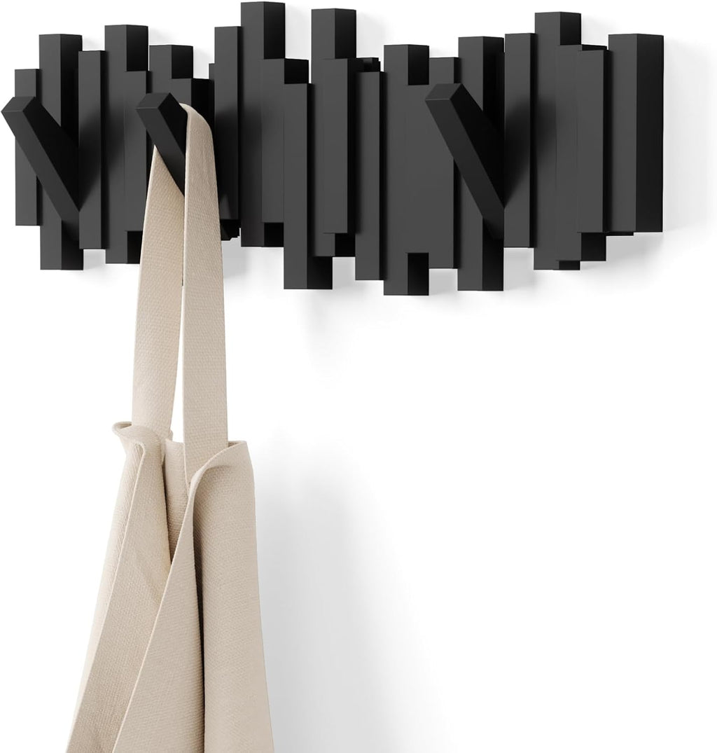 Sticks Wall-Mounted Coat Rack Rail Hook with 5 Retractable Pegs – Modern, Space-Saving Storage Organizer, Black