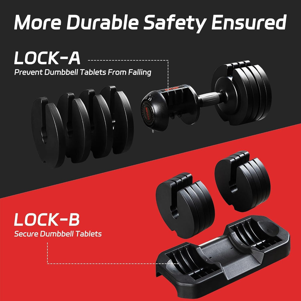 Adjustable Dumbbell Set, 25/52LB Pair with Tray for Workout Strength Training Fitness, Adjustable Weight Dial