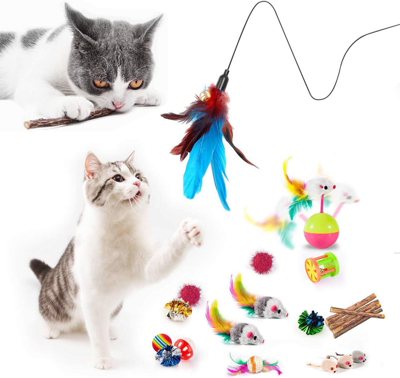 28Pcs Cat Toys Kitten Toys Assorted, Cat Tunnel Catnip Fish Feather Teaser Wand Fish Fluffy Mouse Mice Balls and