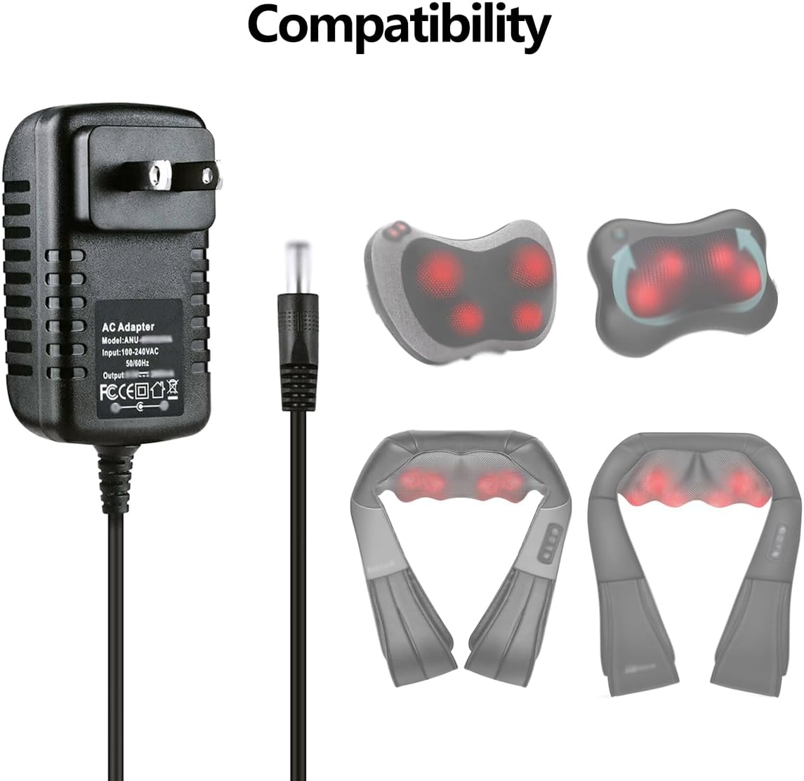 Shiatsu Neck and Back Massager Power Cord,12V AC DC Power Cord Charger Compatible for Zyllion, Nekteck, Comfier