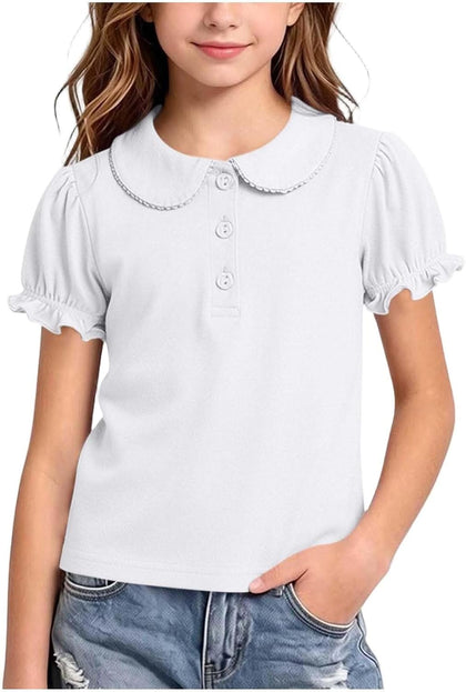 Girls Pure Cotton Polos Puff Sleeve Cute Peter Pan Collar Shirt White | Back to School Clothes for Teen Girls Kids