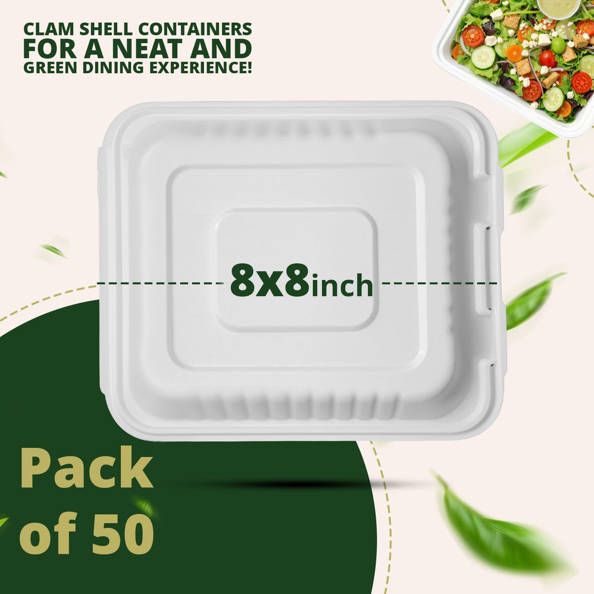 100% Compostable Clamshell Take Out Food Containers 8X8" 50-Pack Heavy-Duty Quality to go Containers, Natural