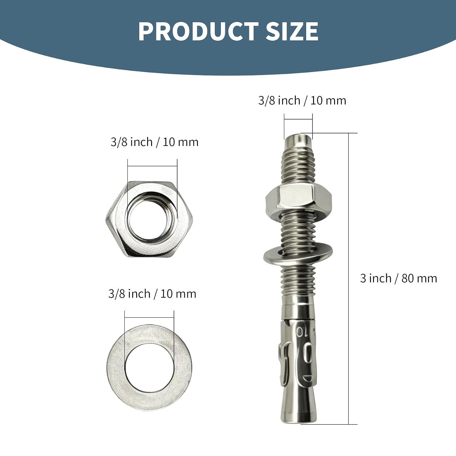 3/8"x3"304 Stainless Steel Wedge Concrete Anchors, Heavy Duty Expansion Bolts, Anti-Rust Masonry Fasteners Complete