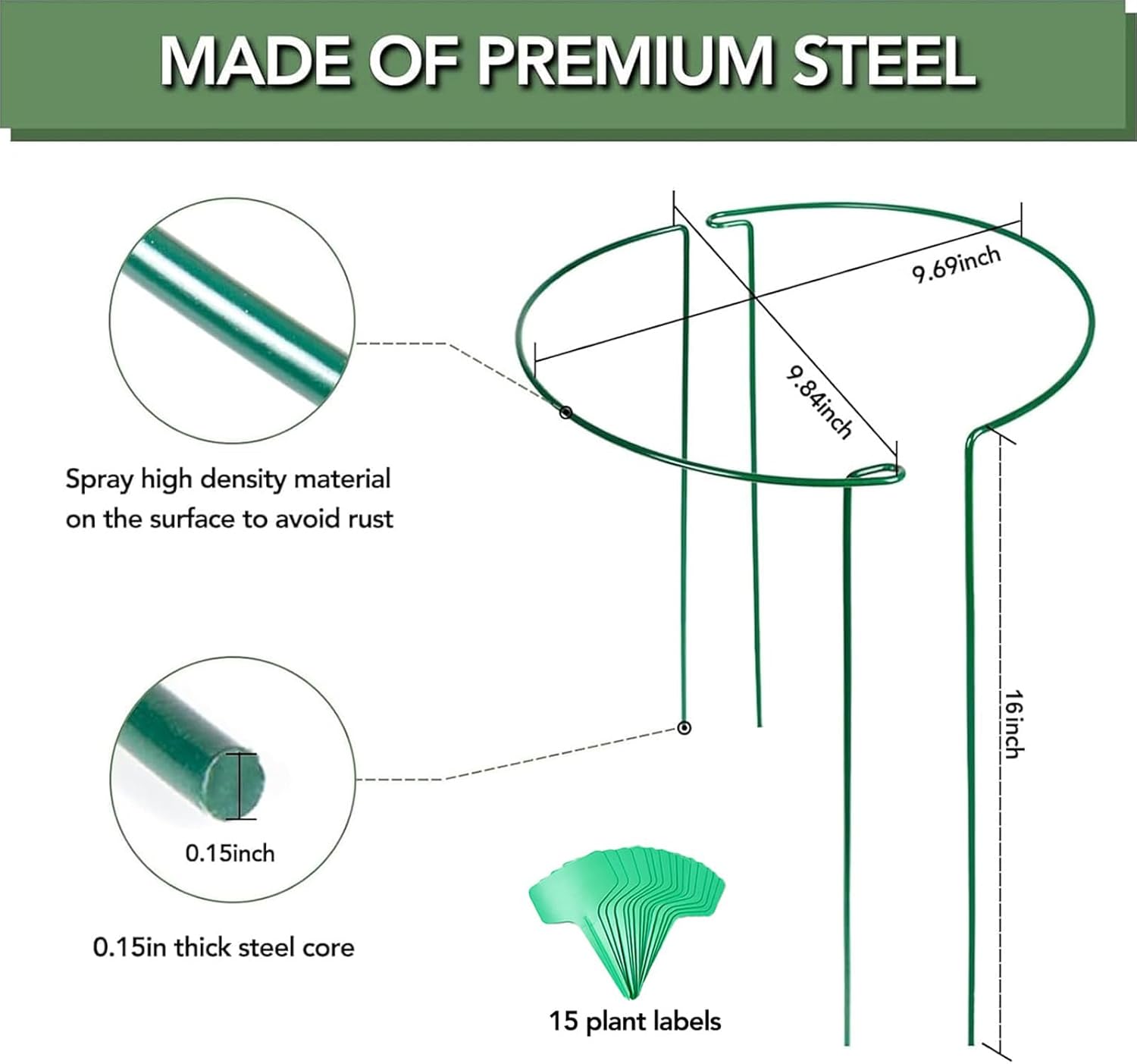 12 Pack Plant Support Stakes, 16 Inch Plant Stakes for Outdoor Plants, Peony Cages and Supports, Peony Cage with 15