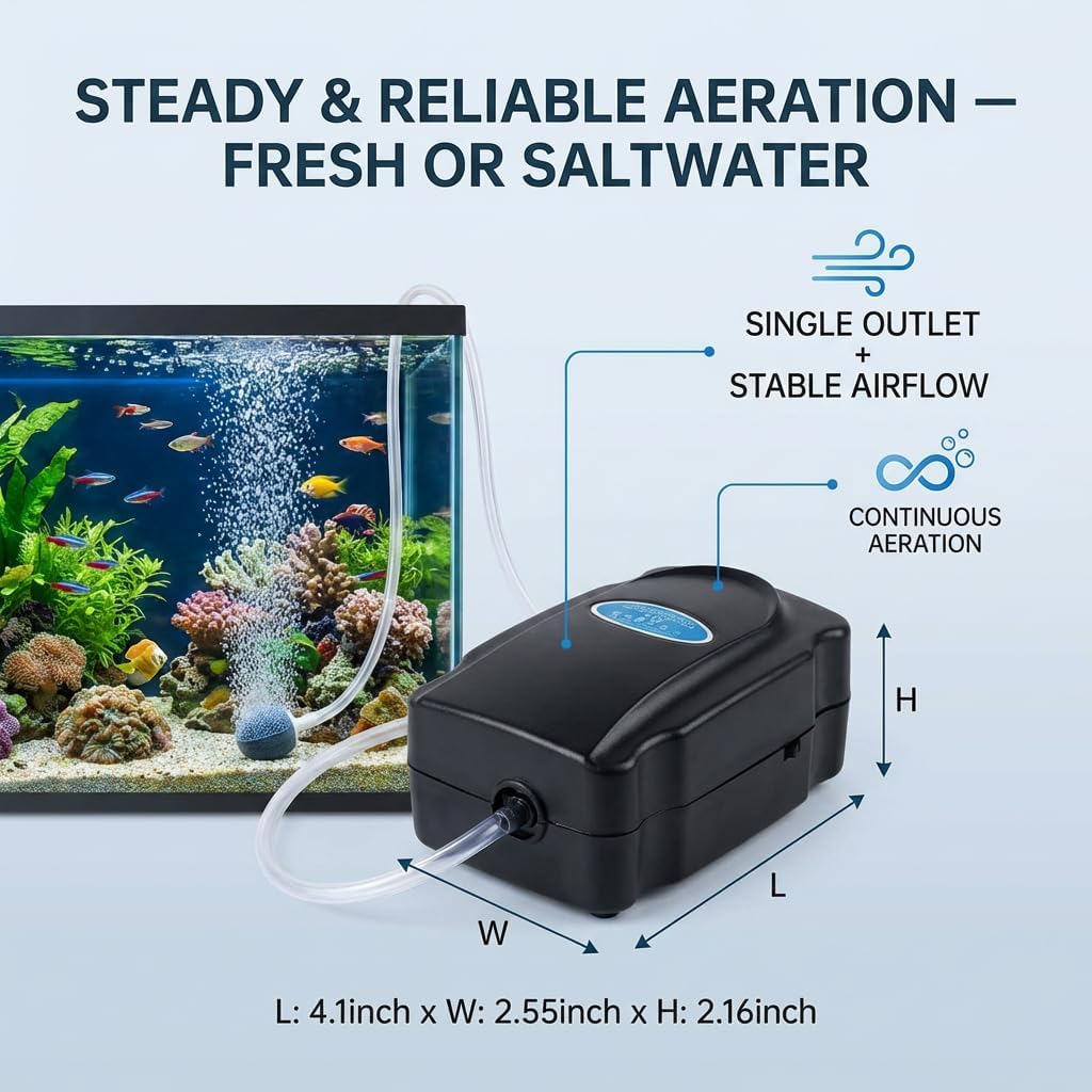 Aquarium Air Pump, Fish Tank Bubbler with Adjustable Airflow & Dual Outlets, Ultra Quiet Energy Saving Fish Tank